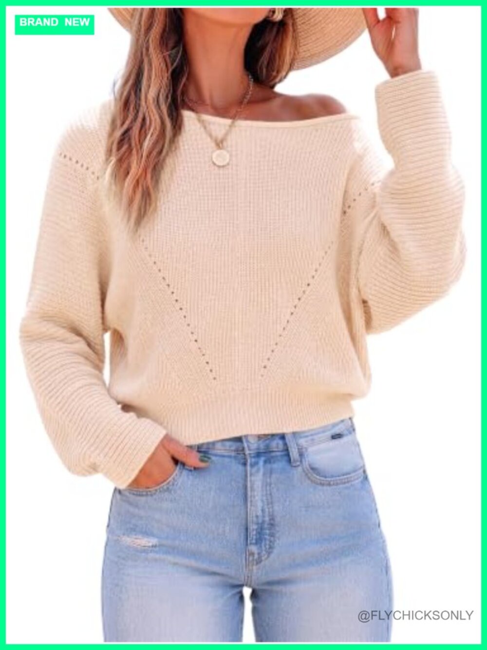 Womens Off Shoulder Knit Sweater Batwing Sleeve Boat Neck Pullover